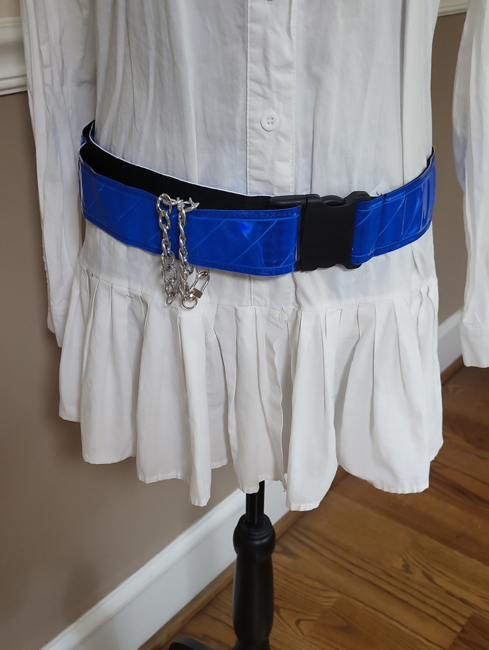 Reflective Electric Blue Women's Belt with Chain Accent, Adjustable